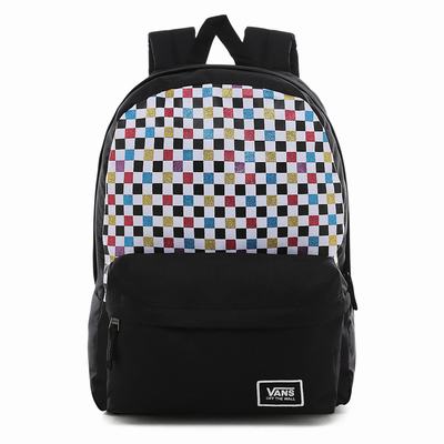 Women's Vans Glitter Check Realm Backpacks Black / Multicolor | USA78694