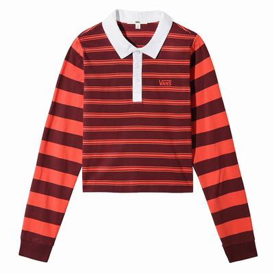 Women's Vans Stripe Block Long Sleeve Polo T Shirts Red | USA64812